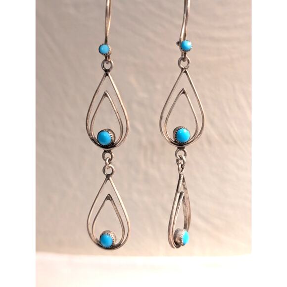 Vintage Petit Point Turquoise 925 Sterling Silver Dangle Kidney Wire Earrings - Picture 1 of 5